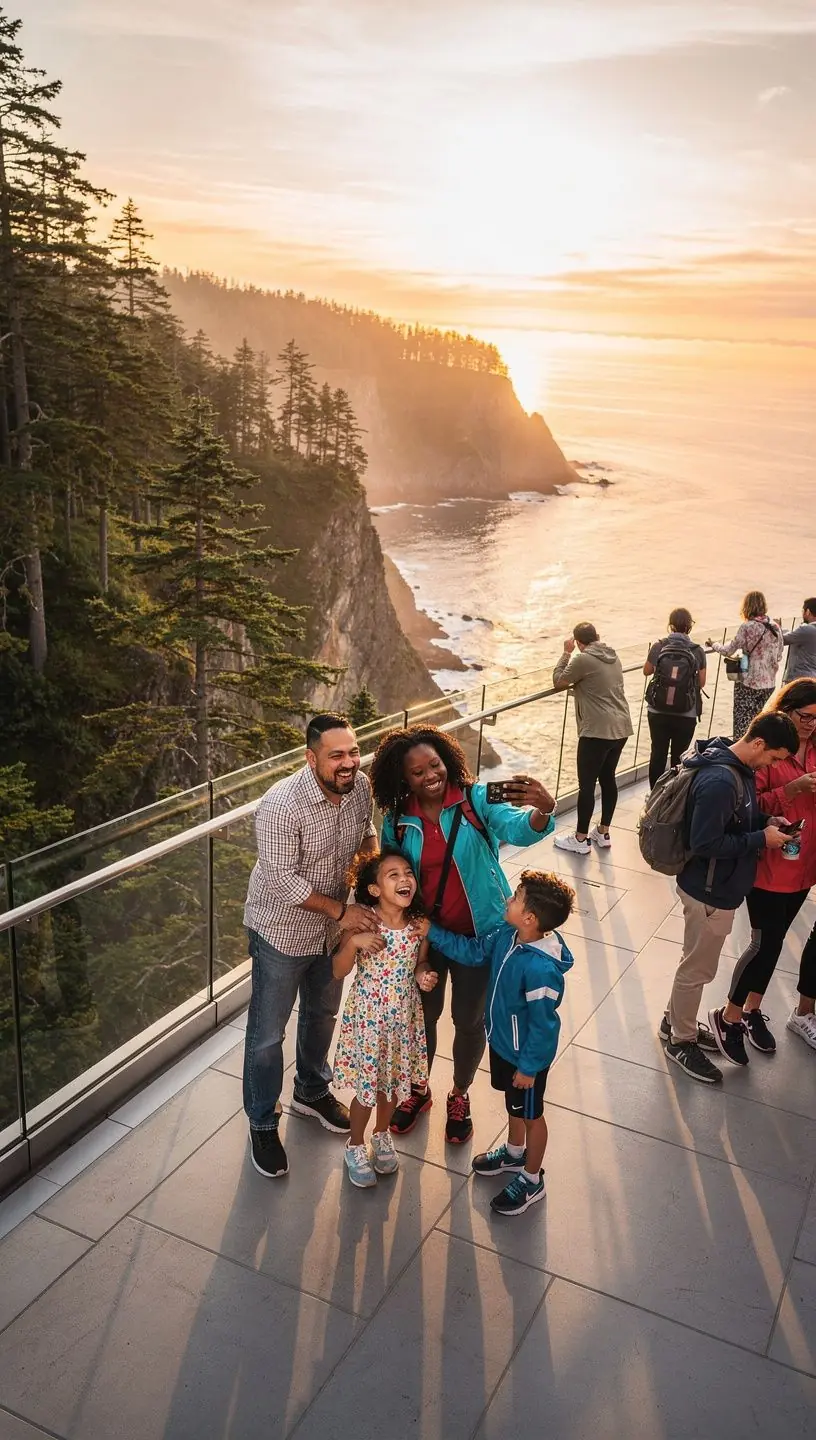 Посетители фотографируются на фоне захватывающей панорамы горного массива с помощью профессиональных фотоуслуг на временной платформе.